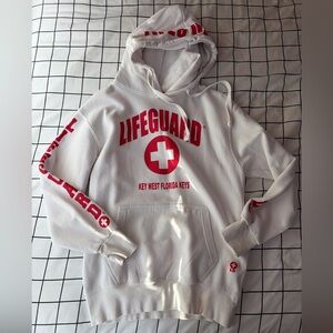 White And Red; Key West, Unisex’s, Lifeguard Hoodie, Size Small